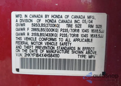 2004 Honda Pilot Ex z USA, uszkodzony, nr VIN 2HKYF184X4H584110